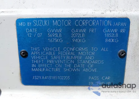 2008 Suzuki Sx4 Convenience Regional Edition/Regional Edition/Touring 2 Regional Edition из США, поврежденный, VIN JS2YA413185102203